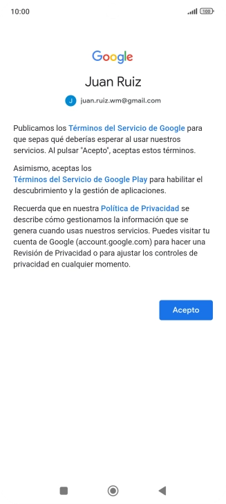 Pulsa Acepto y sigue las indicaciones de la pantalla para seleccionar los ajustes de tu cuenta de Google.