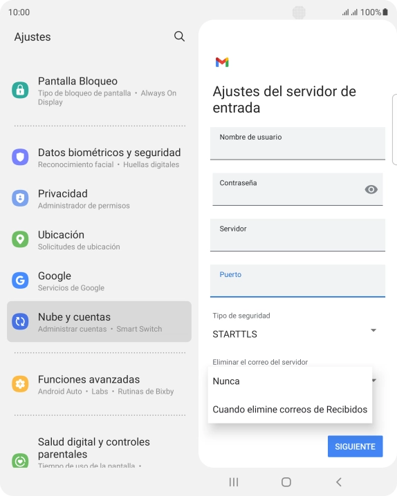 Pulsa Nunca para conservar los correos electrónicos en el servidor cuando los borras del teléfono.