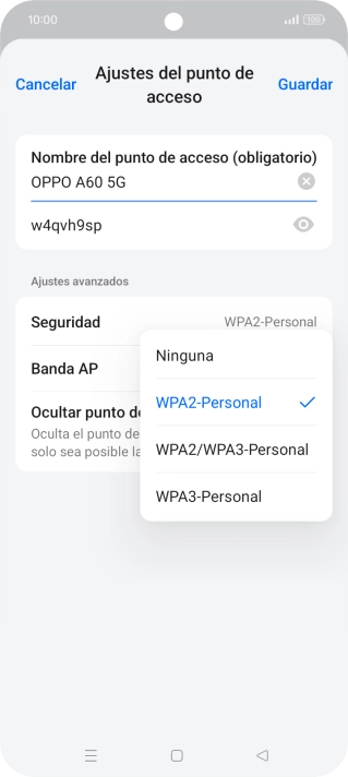 Pulsa WPA3-Personal para proteger la conexión wifi con una contraseña.