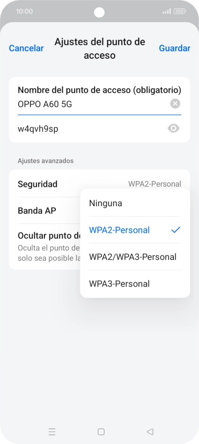 Pulsa WPA3-Personal para proteger la conexión wifi con una contraseña.