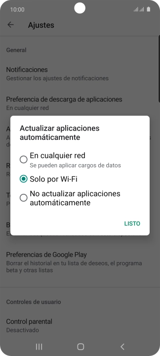 Para activar la actualización automática de apps utilizando la red móvil, pulsa En cualquier red.