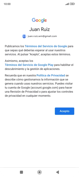 Pulsa Acepto y sigue las indicaciones de la pantalla para seleccionar los ajustes de tu cuenta de Google.