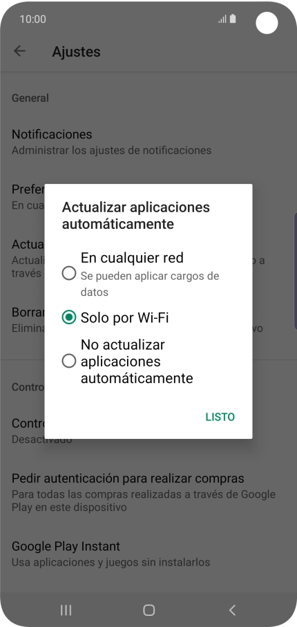 Para activar la actualización automática de apps utilizando la red móvil, pulsa En cualquier red. Se pueden aplicar cargos de datos.