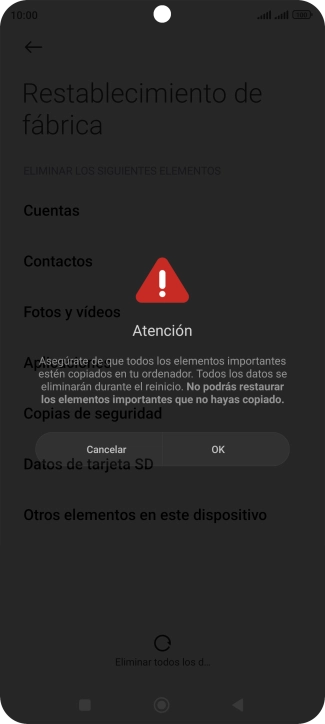 Pulsa Aceptar. Espera unos instantes mientras el teléfono restablece la configuración predeterminada. Sigue las indicaciones de la pantalla para configurar el teléfono y dejarlo listo para su uso.
