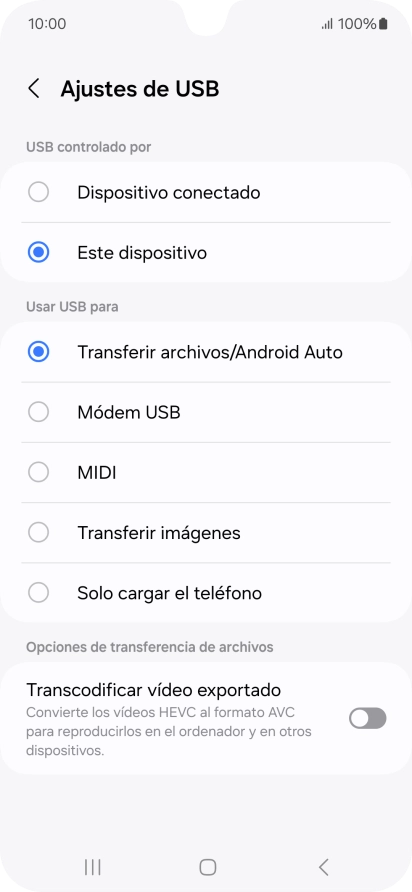 Pulsa Transferir archivos/Android Auto.