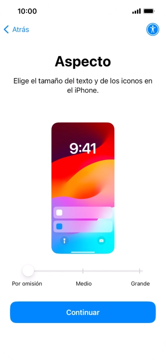 Selecciona el tamaño de letra y de los iconos que debe tener el teléfono y pulsa Continuar.