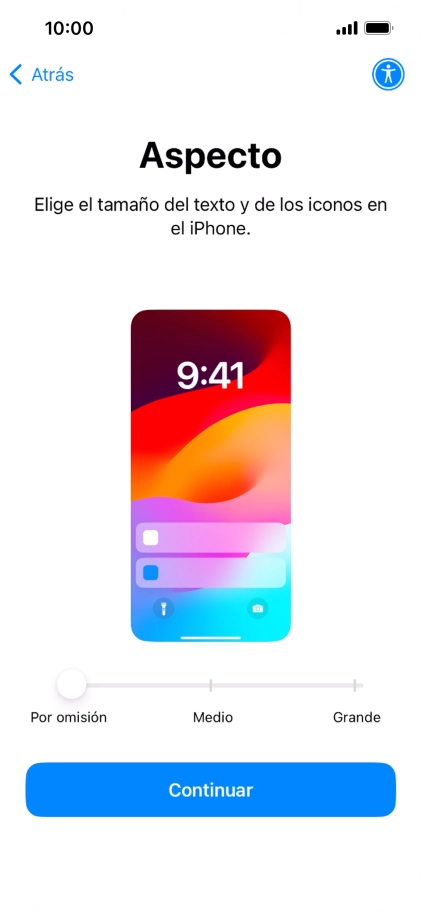 Selecciona el tamaño de letra y de los iconos que debe tener el teléfono y pulsa Continuar.