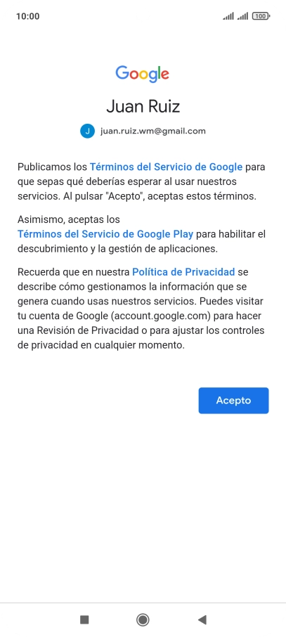 Pulsa Acepto y sigue las indicaciones de la pantalla para seleccionar los ajustes de tu cuenta de Google.