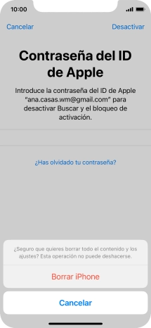 Introduce la contraseña de tu ID de Apple y pulsa Borrar iPhone. Espera unos instantes mientras el teléfono restablece la configuración predeterminada. Sigue las indicaciones de la pantalla para configurar el teléfono y dejarlo listo para su uso.