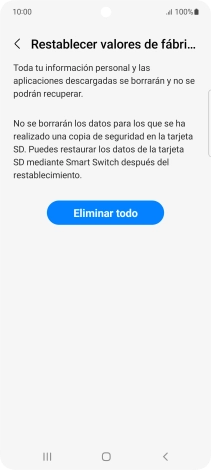 Pulsa Eliminar todo. Espera unos instantes mientras el teléfono restablece la configuración predeterminada. Sigue las indicaciones de la pantalla para configurar el teléfono y dejarlo listo para su uso.