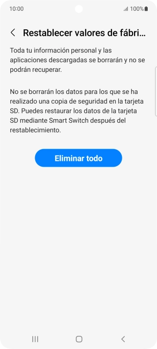 Pulsa Eliminar todo. Espera unos instantes mientras el teléfono restablece la configuración predeterminada. Sigue las indicaciones de la pantalla para configurar el teléfono y dejarlo listo para su uso.