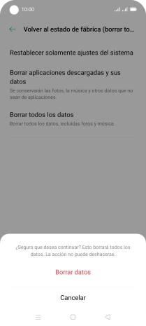 Pulsa Borrar datos. Espera unos instantes mientras el teléfono restablece la configuración predeterminada. Sigue las indicaciones de la pantalla para configurar el teléfono y dejarlo listo para su uso.