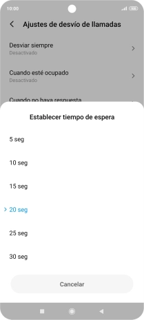 Si desvías las llamadas perdidas, tendrás que seleccionar un retardo para el desvío. Pulsa el retardo deseado y sigue las indicaciones de la pantalla para seleccionar el retardo deseado del desvío.