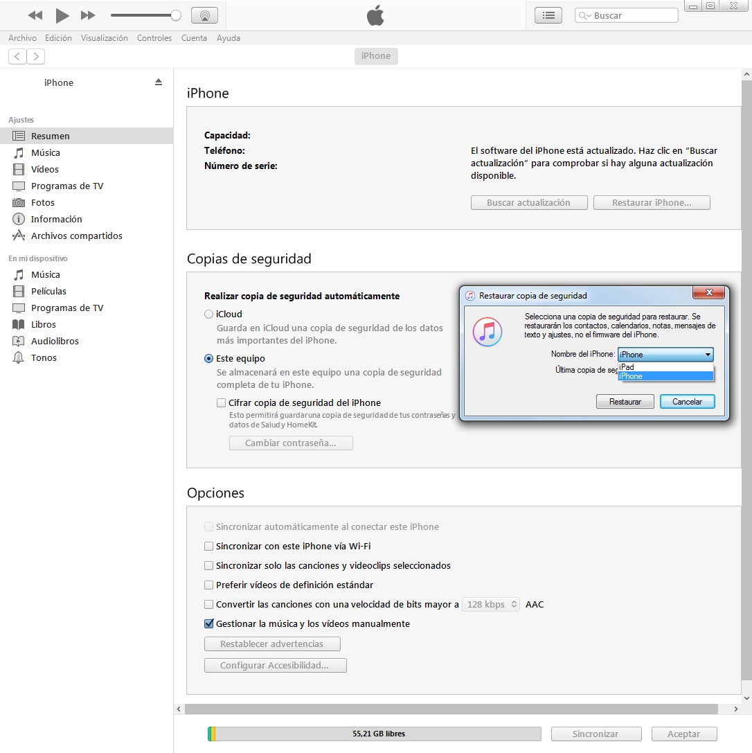 Haz clic en la copia de seguridad deseada.