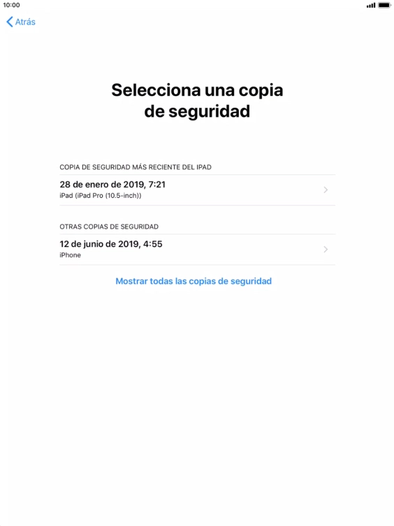 Pulsa la copia de seguridad deseada y espera mientras la tablet restaura el contenido anterior de la copia de seguridad seleccionada. Sigue a continuación las indicaciones de la pantalla para configurar la tablet y dejarla lista para su uso. Pulsa la copia de seguridad deseada y espera mientras la tablet restaura el contenido anterior de la copia de seguridad seleccionada. Sigue a continuación las indicaciones de la pantalla para configurar la tablet y dejarla lista para su uso.