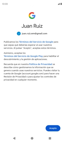 Pulsa Acepto y sigue las indicaciones de la pantalla para seleccionar los ajustes de tu cuenta de Google.