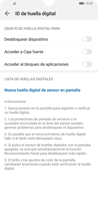 Pulsa Nueva huella digital de sensor en pantalla.