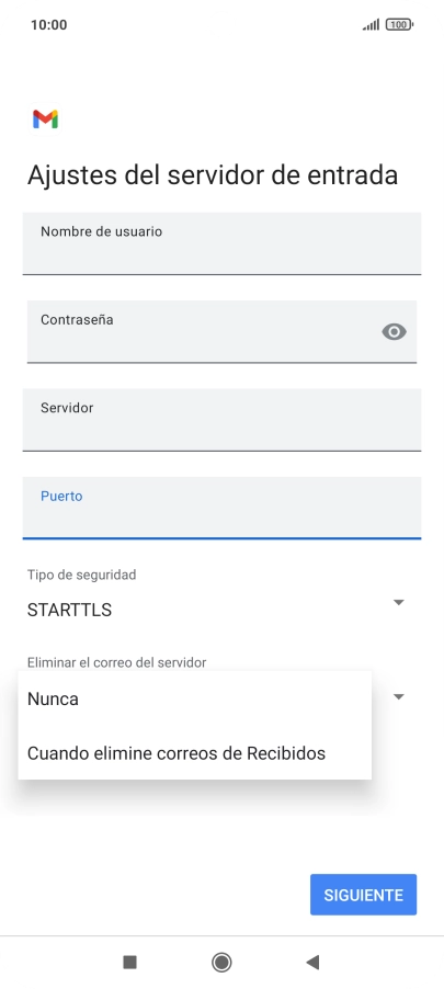 Pulsa Nunca para conservar los correos electrónicos en el servidor cuando los borras del teléfono. Pulsa Nunca para conservar los correos electrónicos en el servidor cuando los borras del teléfono.