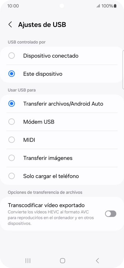 Pulsa Transferir archivos/Android Auto.