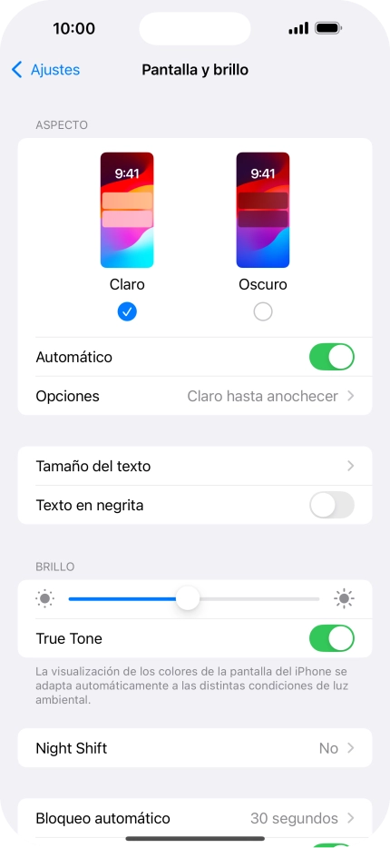 Si activas la función, pulsa Opciones y sigue las indicaciones de la pantalla para seleccionar el período de tiempo que debe durar el Modo Oscuro.