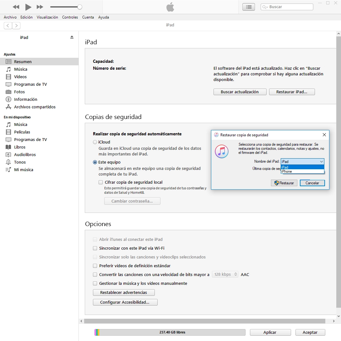 Haz clic en la copia de seguridad deseada.