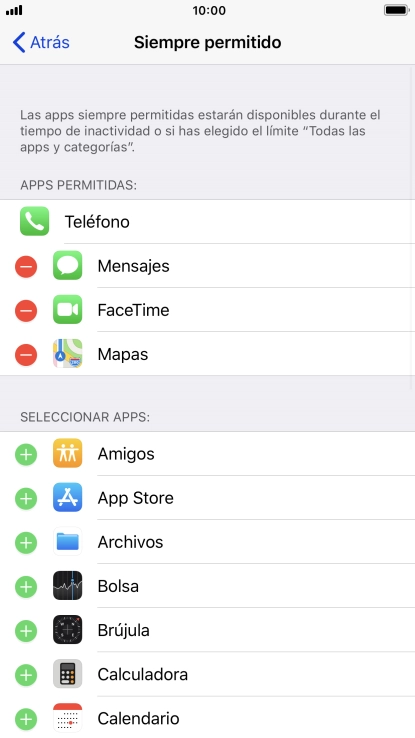 Pulsa el icono de añadir junto a la app deseada para añadirla a la lista de apps permitidas bajo el tiempo de inactividad de pantalla.
