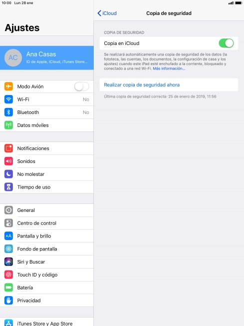 Pulsa Realizar copia de seguridad ahora y espera mientras se hace una copia de seguridad del contenido de la memoria de la tablet.