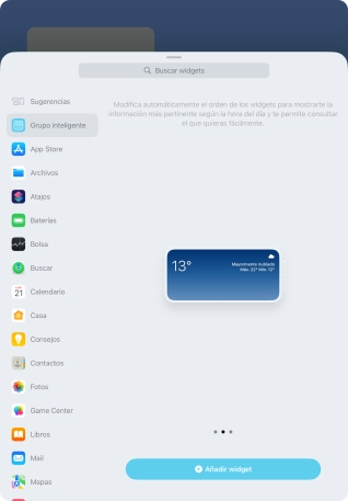 Desliza el dedo hacia la derecha o hacia la izquierda por la pantalla para seleccionar el tamaño de widget deseado.
