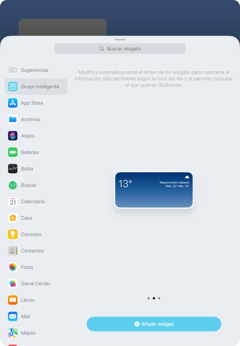 Desliza el dedo hacia la derecha o hacia la izquierda por la pantalla para seleccionar el tamaño de widget deseado.