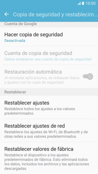 Pulsa Restablecer valores de fábrica.