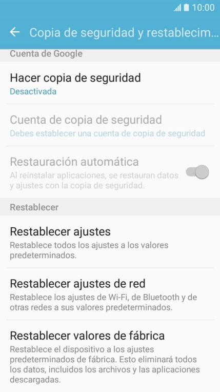 Pulsa Restablecer valores de fábrica.