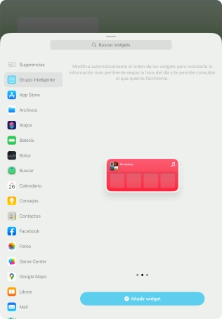 Desliza el dedo hacia la derecha o hacia la izquierda por la pantalla para seleccionar el tamaño de widget deseado.