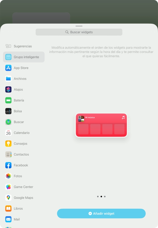 Desliza el dedo hacia la derecha o hacia la izquierda por la pantalla para seleccionar el tamaño de widget deseado.