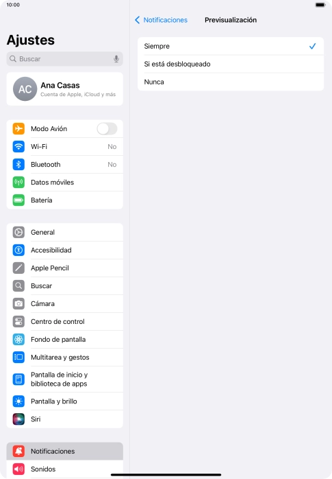 Para seleccionar la vista previa de las notificaciones en la pantalla de bloqueo, pulsa Siempre.