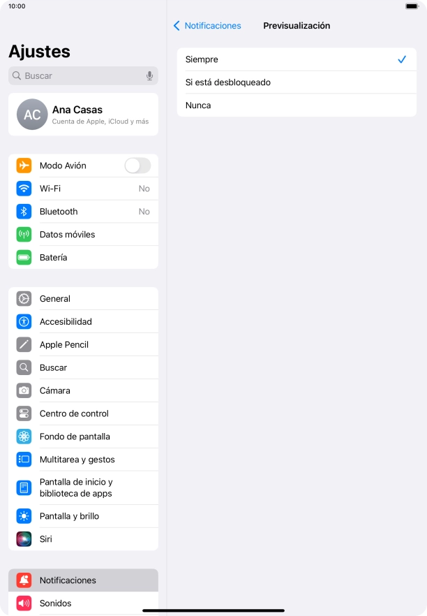 Para seleccionar la vista previa de las notificaciones en la pantalla de bloqueo, pulsa Siempre.