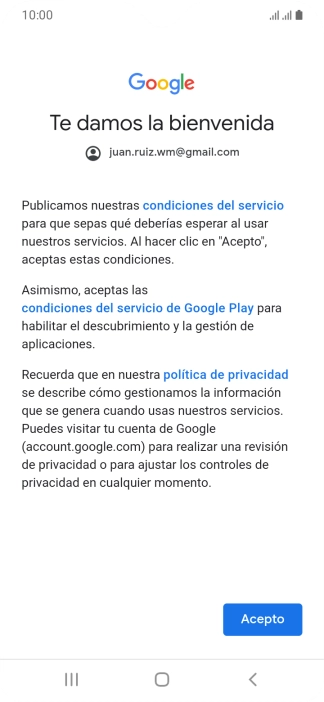 Pulsa Acepto y sigue las indicaciones de la pantalla para seleccionar los ajustes de tu cuenta de Google.