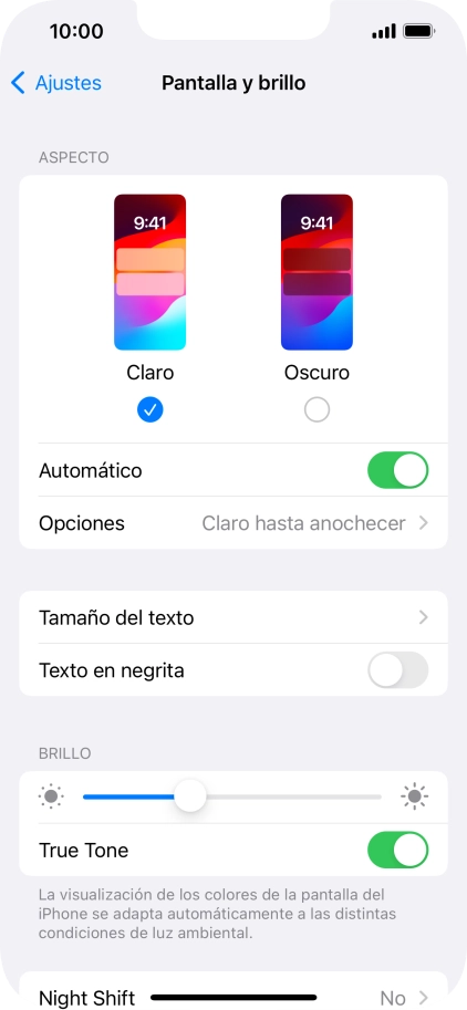 Si activas la función, pulsa Opciones y sigue las indicaciones de la pantalla para seleccionar el período de tiempo que debe durar el Modo Oscuro.