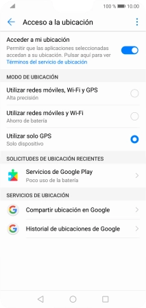 Si seleccionas Utilizar redes móviles, Wi-Fi y GPS, el teléfono podrá encontrar tu posición exacta con ayuda de los satélites GPS, la red móvil y una red wifi cercana. El GPS por satélite requiere vista libre al cielo.