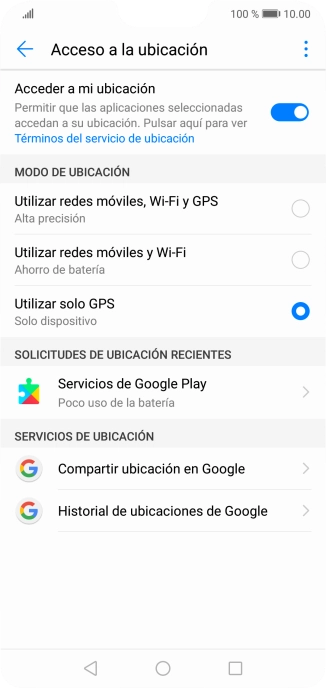Si seleccionas Utilizar redes móviles, Wi-Fi y GPS, el teléfono podrá encontrar tu posición exacta con ayuda de los satélites GPS, la red móvil y una red wifi cercana. El GPS por satélite requiere vista libre al cielo.