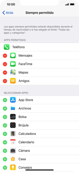 Pulsa el icono de eliminar junto a la app deseada para borrarla de la lista de apps permitidas bajo el tiempo de inactividad de pantalla.