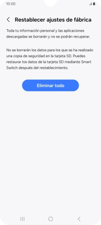 Pulsa Eliminar todo. Espera unos instantes mientras el teléfono restablece la configuración predeterminada. Sigue las indicaciones de la pantalla para configurar el teléfono y dejarlo listo para su uso. Pulsa Eliminar todo. Espera unos instantes mientras el teléfono restablece la configuración predeterminada. Sigue las indicaciones de la pantalla para configurar el teléfono y dejarlo listo para su uso.