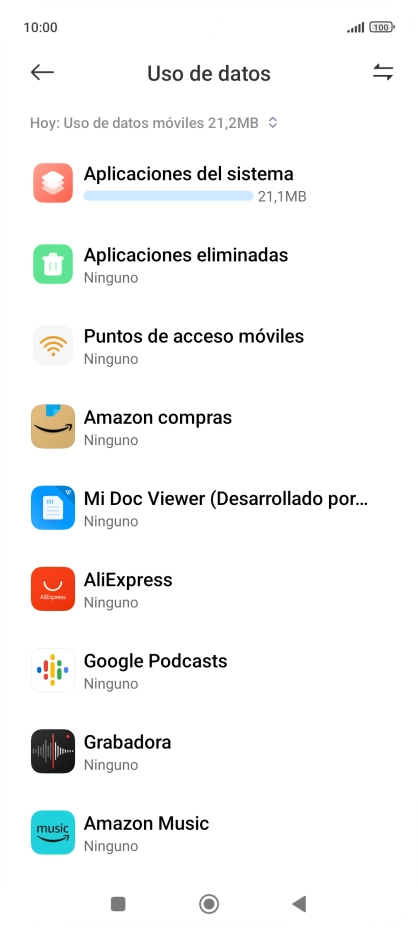 El consumo de datos por cada aplicación aparece bajo el nombre de la aplicación.