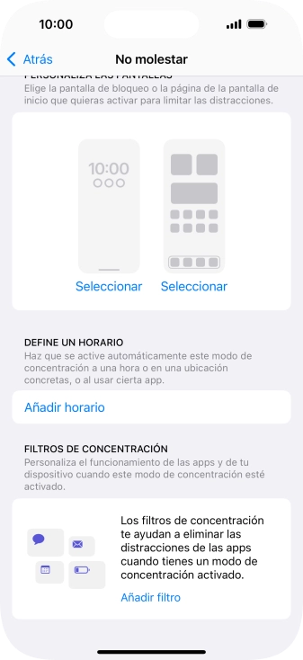 Pulsa Añadir horario y sigue las indicaciones de la pantalla para seleccionar los ajustes de la activación automática de No molestar.