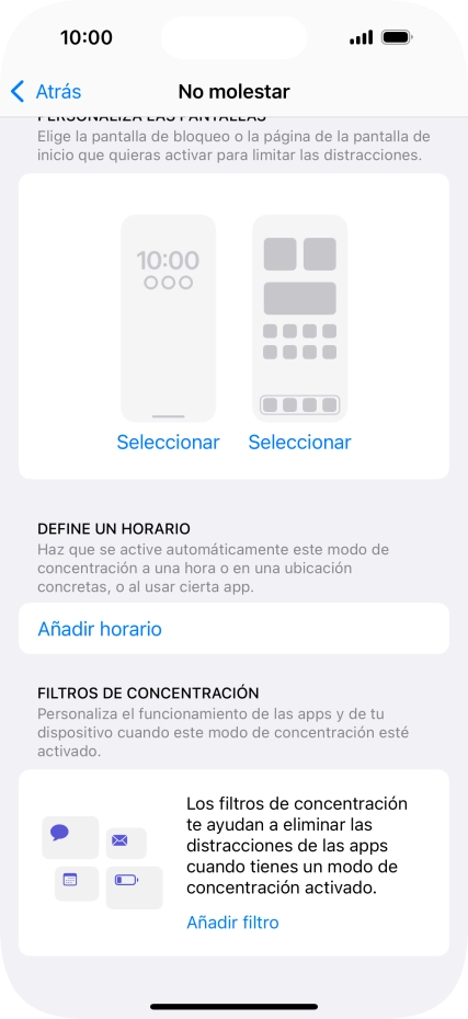 Pulsa Añadir horario y sigue las indicaciones de la pantalla para seleccionar los ajustes de la activación automática de No molestar.