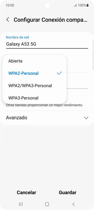 Pulsa WPA3-Personal para proteger la conexión wifi con una contraseña.