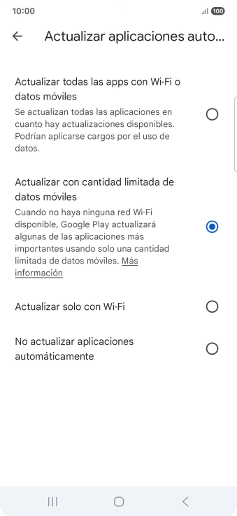 Para activar la actualización automática de apps utilizando la red móvil, pulsa Actualizar todas las apps con Wi-Fi o datos móviles.