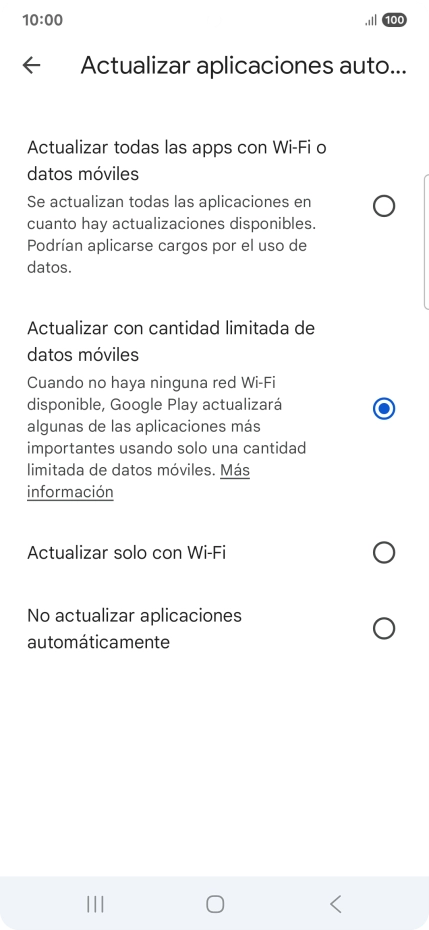 Para activar la actualización automática de apps utilizando la red móvil, pulsa Actualizar todas las apps con Wi-Fi o datos móviles.