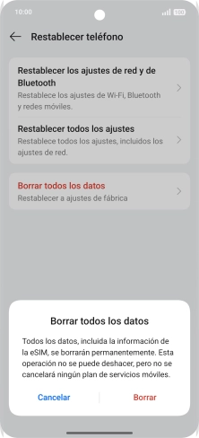 Pulsa Borrar. Espera unos instantes mientras el teléfono restablece la configuración predeterminada. Sigue las indicaciones de la pantalla para configurar el teléfono y dejarlo listo para su uso.