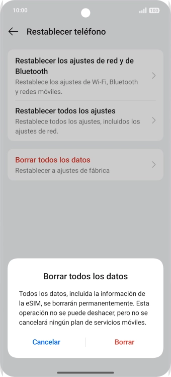 Pulsa Borrar. Espera unos instantes mientras el teléfono restablece la configuración predeterminada. Sigue las indicaciones de la pantalla para configurar el teléfono y dejarlo listo para su uso.