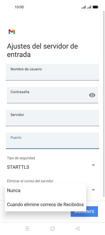Pulsa Nunca para conservar los correos electrónicos en el servidor cuando los borras del teléfono.